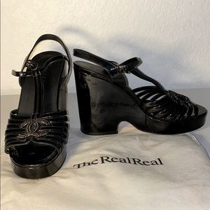 Chanel CC Patent Leather Ankle Strap Sandals